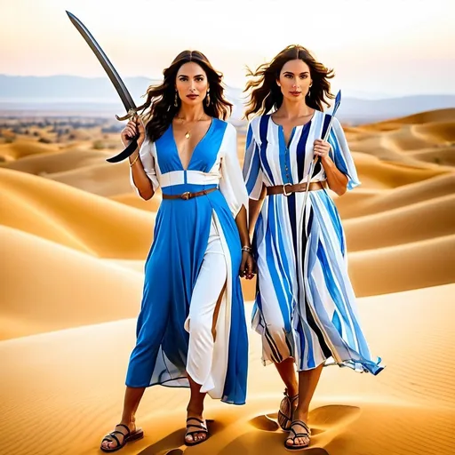 Prompt: 2 olive skin jewish biblical women with a sickle sword in hands, standing on a desert hill, wearing a striped blue, white, gold dress and leather sandals