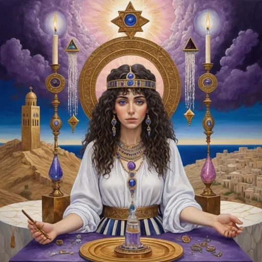 Prompt: elaborate surealism bronze klimt painting, embroided dark blue fringed spiritual jewelry fringes white with jewish symbols on two brown skinned mizrahi jewish women flying laying holding hands, magic fringes jewish symbols scrolls, knives and spears floating in the purple sunset sky, rainy day, leather sandals, swords and bow and arrow with eyes, golden foot link, geologic wild growing crystals, eyes torah ark covering, fringed striped skirt, smoke and steam coming from sculpture,alchemist, floating crown, painting, sky is pink elaborate, davids slung, lapiz lazuli pillars, amethyst, eyes, jewish, two women floating in space, crystals growing, detailed, standing on in jerusalem hill, incense embroided, black jewish clothing stripes and fringes and on 2 women, blue and white linen with fringes, prayer shawl, in Jerusalem and dead sea, jupiter, detailed holy valves, hebrew crystals, torah scroll, fountain jewish symbols, curly hair olive skin, ancient civilization, jewelry, shabbat dinner table, levitating, menorah, 2 women supporting each-other feminism, glitter on table, shining art, jewish art, fringes, flowers, cultic, rituals, dead sea view, visual illusions, spring pool, meteor, menorah, torah scroll, illusion, jewish stars, smoke, hypnotic, gemstones, women dancing, sculpture, biblical, clouds, crystals, warrior, praying jews, ancient mound, mystery, next to the dead sea, landscape view, in the style of a surrealist painting, in the style of klimt painting
