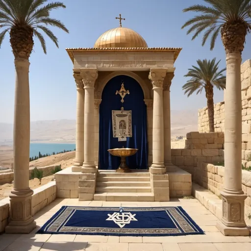 Prompt: big temple, elaborate embroided dark blue modest fringed dusty white dress with jewish symbols, torah ark covering, olive skin, elaborate, detailed, fruits and hebrew calligraphy embroided,  blue jewish stripes and fringes and black leather bands, big columns, brown leather ,  in Jerusalem and dead sea, detailed holy valves, copper menorah, jewel crystals, copper fountain jewish symbols, 4 small candlestick menorahs, ancient civilization, 5 menorahs on the floor jewish art, fringes,palms trees, flowers, cultic, rituals, a papyrus scroll, dead sea view, mikve, fountain, spring pool, gemstones, biblical immersion pool, sofas, praying jews, bushes, date palm, blue flowers, next to the dead sea, landscape view, in the style of a 19th century european realist painting
