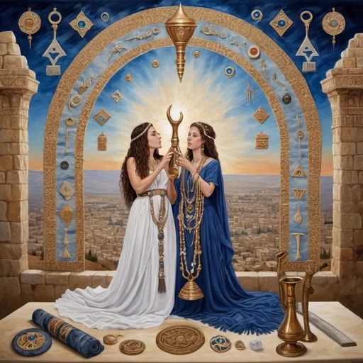 Prompt: elaborate surealism rose gold klimt painting, embroided dark blue fringed spiritual jewelry fringes white with jewish symbols on two brown skinned mizrahi jewish women flying laying holding hands trumpet, magic fringes jewish symbols scrolls, knives and spears floating in the lightning sunrise sky, leather sandals, swords and bow and arrow with eyes, shofar horn, biblical rock cut tombs, eyes torah ark covering, fringed striped skirt, , alchemist, floating ibex horns shofar, painting, sky is burgundy elaborate, davids slung, lapiz lazuli animal horn, pillars, amethyst, eyes, jewish, two women floating in space blowing a horn, crystals growing, detailed, standing on in jerusalem hill, incense embroided, black jewish clothing stripes and fringes and on 2 women, blue and white linen with fringes, prayer shawl, in Jerusalem and dead sea, jupiter, detailed holy valves, forgivness, hebrew crystals, torah scroll, fountain jewish symbols, curly hair olive skin, ancient civilization, jewelry, shofar ram horn, levitating, menorah, 2 women supporting each-other feminism, glitter on table, shining art, jewish art, fringes, flowers, shofar, cultic, rituals, dead sea view, visual illusions, bugle horn, spring pool, meteor, menorah, torah scroll, illusion, jewish stars, smoke, hypnotic, gemstones, saying goodbye, women dancing, rosh hashana, sculpture, biblical, clouds, crystals, warrior blowing horn,, praying jews, ancient mound, blowing the horn, mystery, next to the dead sea, landscape view, in the style of a surrealist painting, in the style of klimt painting
