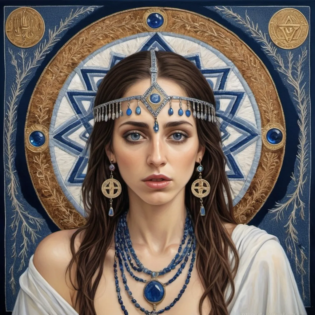 Prompt: elaborate painting embroided dark blue modest fringed spiritual jewelry fringes white with jewish symbols on jewish woman screaming magic fringes bandana, eyes torah ark covering, smoke and steam coming from pottery ,alchemist, , elaborate, eyes, jewish, crystals growing, detailed, incense embroided, black jewish stripes and fringes and on women fringes, big columns, brown leather , in Jerusalem and dead sea, detailed holy valves,, hebrew crystals, fountain jewish symbols, ancient civilization, jewelry, shield and sword, jewish art, fringes, flowers, cultic, rituals, dead sea view, mikve, fountain, visual illusions, spring pool, sunny day, menorah, illusion, smoke, hypnotic, gemstones, sculpture, biblical immersion pool, crystals, female warrior, praying jews, pomegranate tree, mystery, next to the dead sea, landscape view,, in the style of a gustav klimt painting, in the style of gustav klimt
