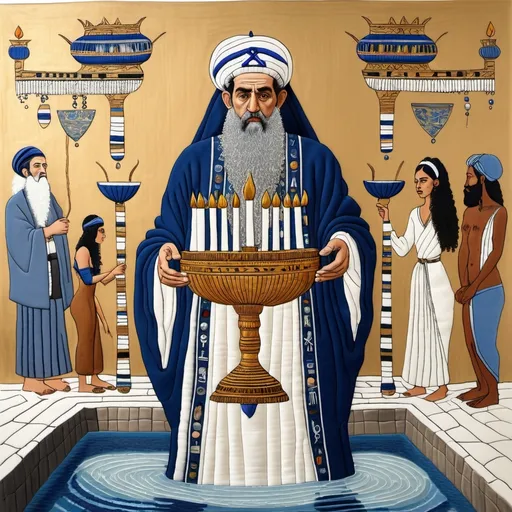 Prompt: elaborate embroided dark blue modest fringed dusty white dress with jewish symbols, torah ark covering, olive skin unhappy jewish couple with headwrap, kippa,  and dark curly hair, jewish sidelocks, clothes with blue jewish stripes and fringes and black leather bands, brown leather sandals, man and woman is in jerusalem detailed holy valves dark wood gold fountain jewish symbols menorah,  ancient civilization, jewish art, fringes, holding 7 armed candle menorah in hands, cultic, rituals, holding a papyrus scroll, mikve, fountain, spring pool, gemstones, biblical immersion pool, baptism in pool, in the style of a 19th century european realist painting 
