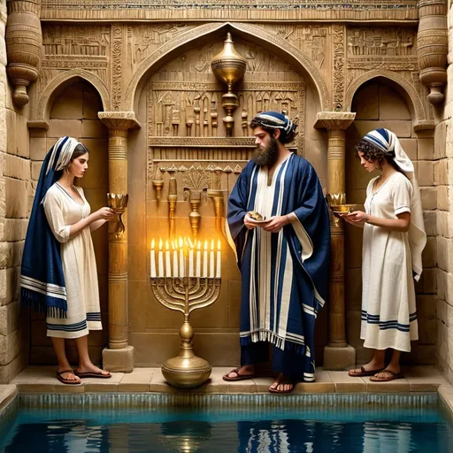 Prompt: elaborate embroided dark blue modest fringed dusty white dress with jewish symbols, torah ark covering, olive skin unhappy jewish couple with headwrap, kippa, and dark curly hair, jewish sidelocks, clothes with blue jewish stripes and fringes and black leather bands, brown leather sandals, man and woman is in jerusalem detailed holy valves dark wood gold fountain jewish symbols menorah, ancient civilization, jewish art, fringes, holding 7 armed candle menorah in left hand and bronze knife in right hand, cultic, rituals, holding a papyrus scroll, mikve, fountain, spring pool, gemstones, biblical immersion pool, baptism in pool, in the style of a 19th century european realist painting
