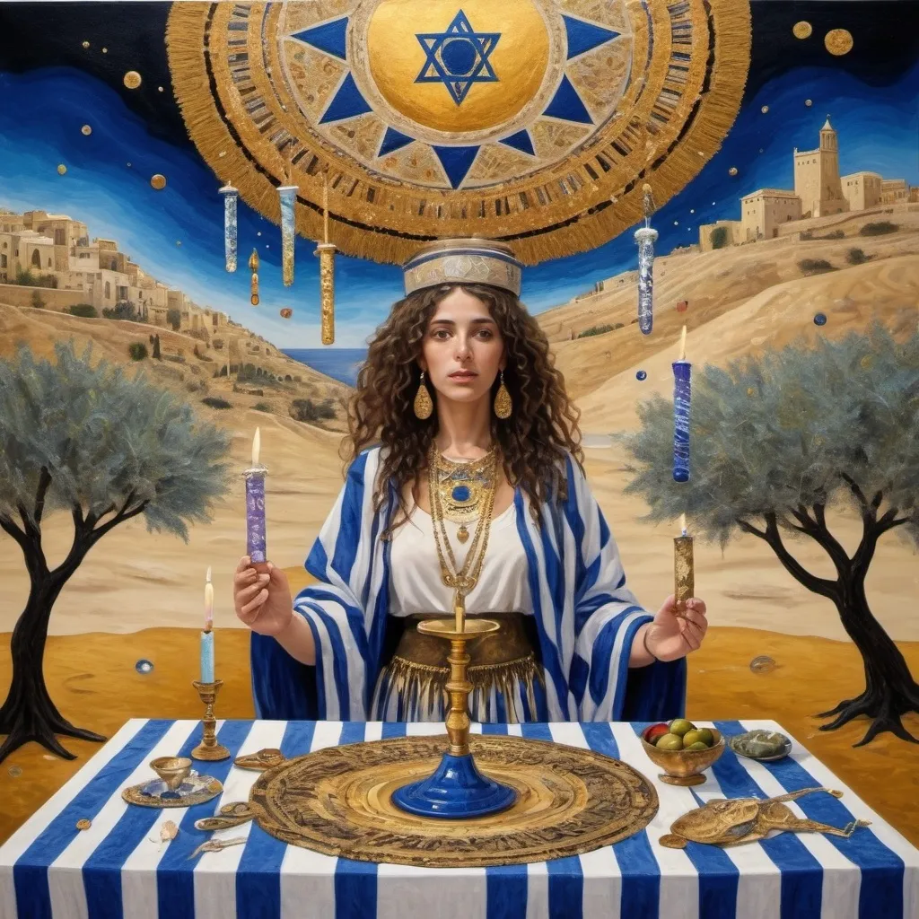 Prompt: elaborate surealism golden shining klimt painting, embroided dark blue fringed spiritual jewelry fringes white with jewish symbols on two brown skinned mizrahi jewish women harvesting olives, magic fringes jewish cotton bandana, knives and spears floating in the golden sky,  leather sandals, swords and bow and arrow with eyes, golden foot link, geologic wild growing crystals, eyes torah ark covering, fringed striped skirt, smoke and steam coming from sculpture,alchemist, floating crown, painting, sky is pink, elaborate, davids slung, lapiz lazuli table, amethyst, eyes, jewish, two women floating in space picking olives, crystals growing, detailed, standing on in jerusalem hill, incense embroided, black jewish clothing stripes and fringes and on 2 women, blue and white linen with fringes, prayer shawl, in Jerusalem and dead sea, detailed holy valves, hebrew crystals, torah scroll, fountain jewish symbols, curly hair olive skin, ancient civilization, jewelry, shabbat dinner table, levitating, menorah, 2 women supporting each-other feminism, glitter, shining art, jewish art, fringes, flowers, cultic, rituals, dead sea view, visual illusions, spring pool, rain, menorah, torah scroll, illusion, jewish stars, smoke, hypnotic, two golden women in olive tree, patterns, gemstones, sculpture, biblical, clouds, crystals, warrior, praying jews, ancient mound, mystery, next to the dead sea, landscape view,, in the style of a surrealist painting, in the style of klimt painting
