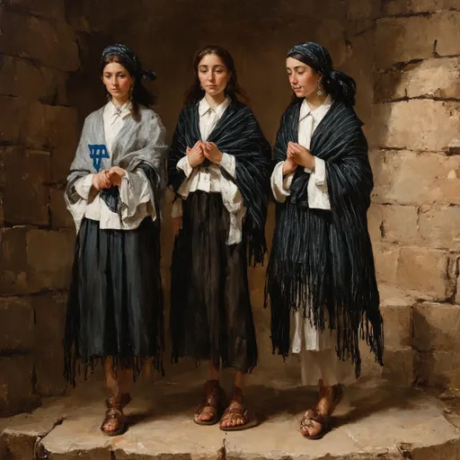 Prompt: 3 olive skin jewish women in fancy modest black elaborate embroided modest shirt with blue jewish symbols white fringes, fringes, torah ark covering, the 3 olive skin women have black bandanas, skirt has black jewish stripes prayer shawl and fringes, silver jewelry, nose piercings, standing on a biblical ruin,, leather sandals, fringes tzitzit, brown, silver, elaborate, black, headwrap
 detailed 19th century European realist painting