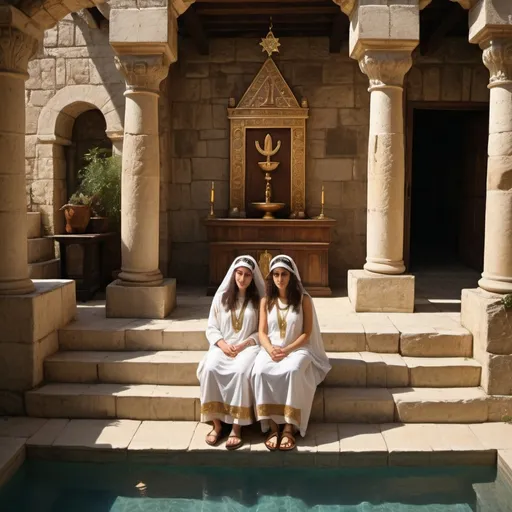 Prompt: two female priestess jewish symbols and fringes dress on top of temple, torah ark covering, olive skin unhappy jewish lesbian women with headwrap, kippa, and dark curly hair, top of castle, in Tiberias, long stairs, brown leather sandals, lesbian women are in detailed holy valves dark wood gold fountain jewish symbols menorah, ancient civilization, jewish art, fringes, cultic, rituals, holding one another, mikve, sofas, lounge area in synagouge, potted flowers, fountain, spring pool, hanging garden, gemstones, biblical immersion pool, baptism in pool, in the style of a 19th century european realist painting
