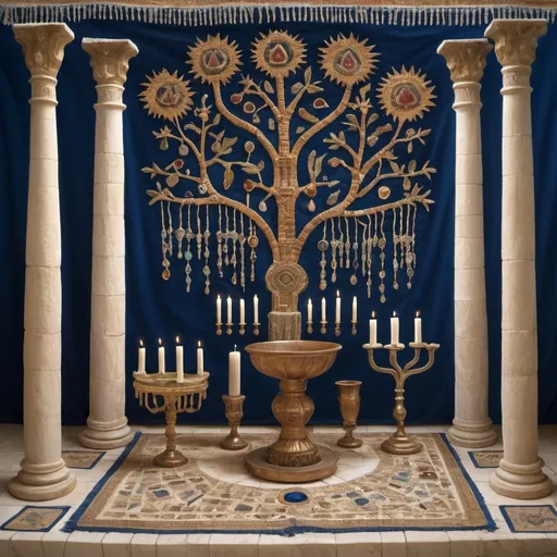 Prompt: elaborate embroided dark blue modest fringed dusty fringes white dress with jewish symbols on jewish women, torah ark covering, olive skin, elaborate, detailed, fruits  embroided,  blue jewish stripes and fringes and  on women, big columns, brown leather ,  in Jerusalem and dead sea, detailed holy valves, copper menorah, hebrew jewel crystals, copper fountain jewish symbols, ancient civilization, 5 menorahs on the floor jewish art, fringes, fig tree, flowers, cultic, rituals, a papyrus scroll, dead sea view, mikve, fountain, spring pool, sunny day, gemstones, biblical immersion pool, female warrior, sofas, praying jews, pomegranate tree, ,next to the dead sea, landscape view,, in the style of a 19th century european realist painting
