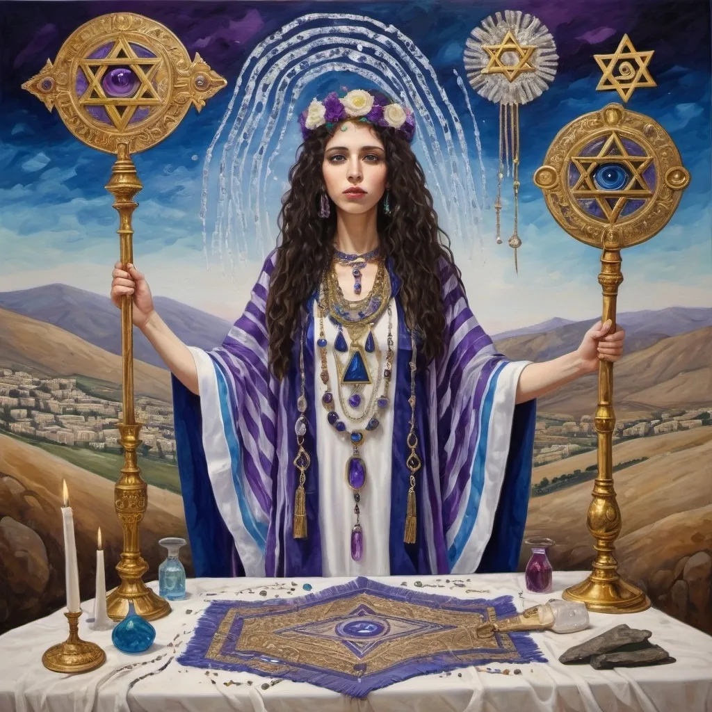 Prompt: elaborate surealism amethyst klimt painting, embroided dark blue fringed spiritual jewelry fringes white with jewish symbols on two brown skinned mizrahi jewish women flying laying holding hands, magic fringes jewish cotton bandana, knives and spears floating in the green sky, rainy day, leather sandals, swords and bow and arrow with eyes, golden foot link, geologic wild growing crystals, eyes torah ark covering, fringed striped skirt, smoke and steam coming from sculpture,alchemist, floating crown, painting, sky is purple, elaborate, davids slung, lapiz lazuli table, amethyst, eyes, jewish, two women floating in space, crystals growing, detailed, standing on in jerusalem hill, incense embroided, black jewish clothing stripes and fringes and on 2 women, blue and white linen with fringes, prayer shawl, in Jerusalem and dead sea, detailed holy valves, hebrew crystals, torah scroll, fountain jewish symbols, curly hair olive skin, ancient civilization, jewelry, shabbat dinner table, levitating, menorah, 2 women supporting each-other feminism, glitter, shining art, jewish art, fringes, flowers, cultic, rituals, dead sea view, visual illusions, spring pool, rain, menorah, torah scroll, illusion, jewish stars, smoke, hypnotic, gemstones, sculpture, biblical, clouds, crystals, warrior, praying jews, ancient mound, mystery, next to the dead sea, landscape view,, in the style of a surrealist painting, in the style of klimt painting
