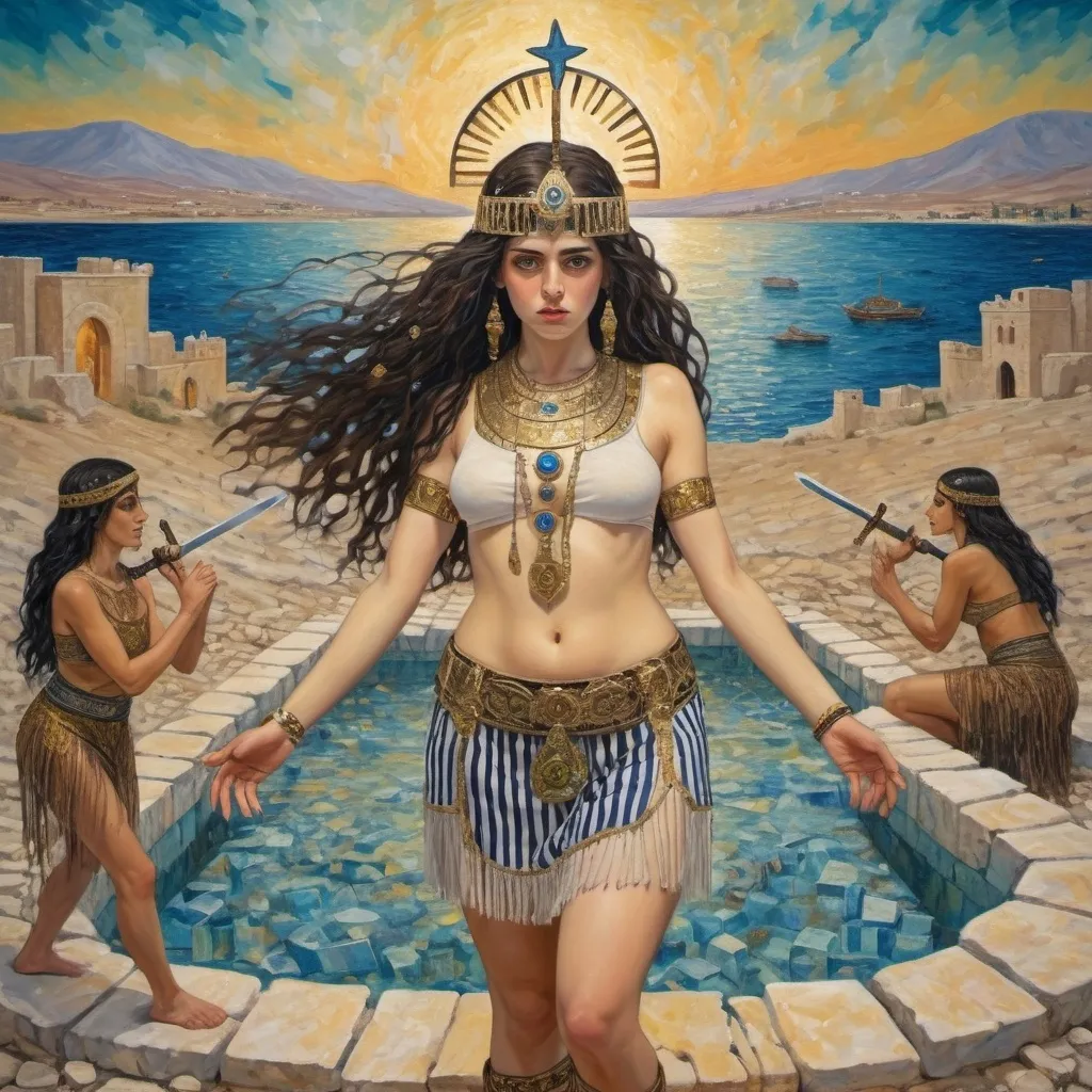 Prompt: elaborate beautiful gustav klimt jugend painting, embroided dark blue fringed spiritual modest jewelry fringes white with jewish symbols on brown skinned mizrahi modest jewish woman knight fighting war in striped blue and black fringed modest jewish armor shirt, magic swords in their hands, warrior women in bandana, leather sandals, menorah star of david swords, golden jewish swords, eyes torah ark covering, fringed striped modest skirt, smoke and steam coming from pottery ,3 women fighting war, jewish shield, jewish weapon, pulling sword from the earth, , black hair, elaborate israeli , floating ocean golden evil eyes, jewish, crystals growing, tropical plants and flowers, detailed, standing on in israeli hill, pink and green jewish sky, ancient soldiers, swimming, incense embroided, black jewish stripes clothing and fringes and on women fringes, big columns, in Jerusalem and dead sea, detailed holy valves,, hebrew 3 women fighting war and 1 on the ground kissing the earth fountain jewish symbols, ancient civilization, jewelry, menorah, jewish art, fringes, flowers, cultic, rituals, dead sea view, mikve, fountain, visual illusions, knives laying down, spring pool, sunset, menorah, illusion, knives on the ground, jewish stars, smoke, hypnotic, beauty, in the dead seagemstones, sculpture, biblical immersion pool, 3 women fighting war elaborate and 1 on the ground kissing the earth, female warrior, praying jews, war battle, swords in ground, mystery, next to the dead sea, landscape view,, in the style of a gustav klimt surealism painting, in the style of gustav klimt colorfull surealist painting
