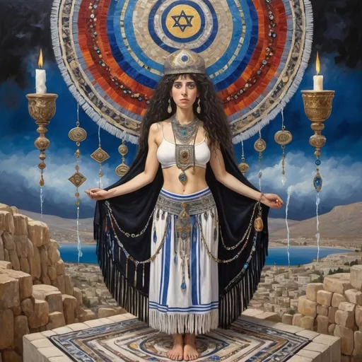 Prompt: elaborate surealism silver klimt painting, embroided dark blue fringed spiritual jewelry fringes white with jewish symbols on two brown skinned mizrahi jewish women flying laying holding hands, magic fringes cloth bandana, knives and spears floating in the red sky, rainy day, leather sandals, swords and bow and arrow with eyes, golden foot link, geologic wild growing crystals, eyes torah ark covering, fringed striped skirt, smoke and steam coming from pottery ,alchemist, , floating crown, elaborate, saber sword, lapiz lazuli cliff mine, amethyst, eyes, jewish, two women floating in space, crystals growing, detailed, standing on in jerusalem hill, incense embroided, black jewish clothing stripes and fringes and on 2 women, blue and white linen with fringes, prayer shawl, in Jerusalem and dead sea, detailed holy valves, hebrew crystals, fountain jewish symbols, black hair olive skin, ancient civilization, jewelry, levitating, menorah, 2 women supporting eachother femenism, glitter, shining art, jewish art, fringes, flowers, cultic, rituals, dead sea view, visual illusions, spring pool, rain, menorah, illusion, jewish stars, smoke, hypnotic, gemstones, sculpture, biblical, clouds, crystals, warrior, praying jews, ancient mound, mystery, next to the dead sea, landscape view,, in the style of a surealist painting, in the style of klimt painting
