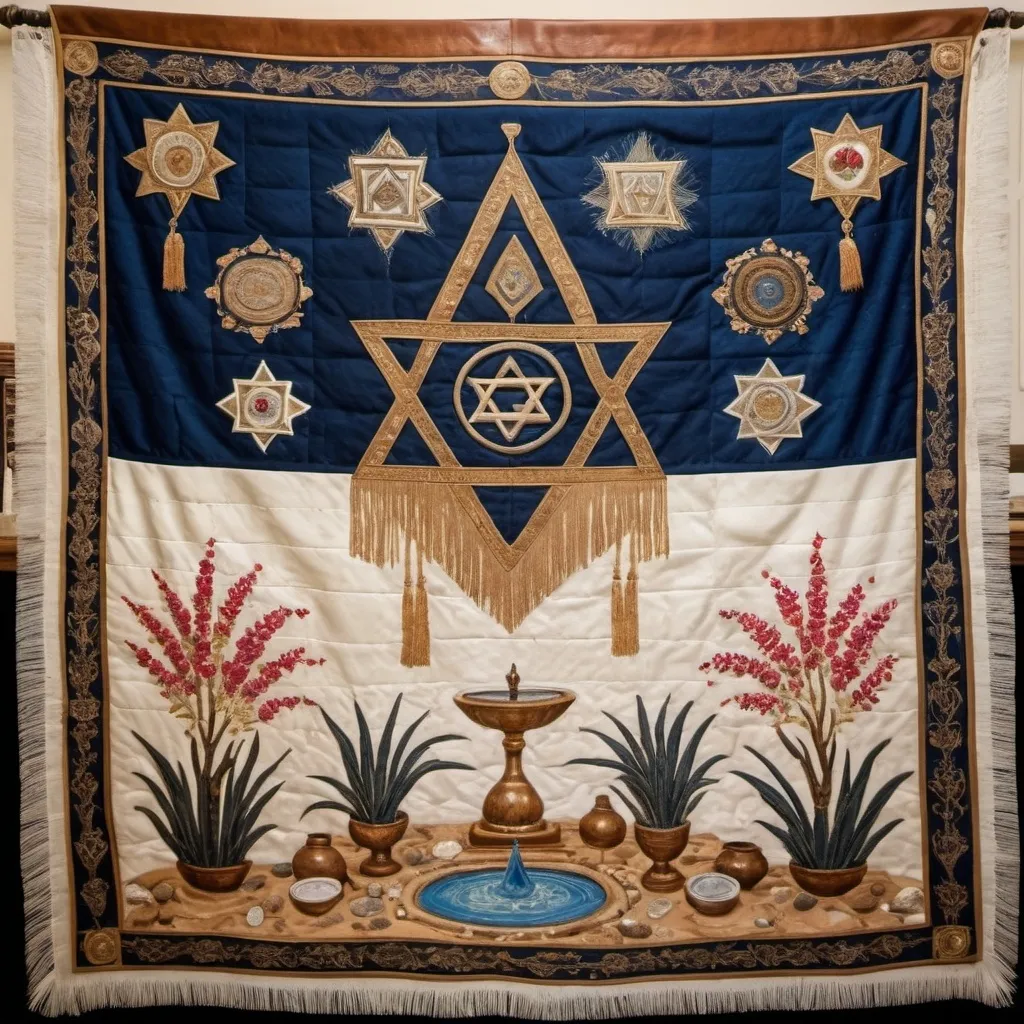 Prompt: elaborate embroided dark blue modest fringed dusty totem shield fringes white dress with jewish symbols on jewish women, torah ark covering ,on table, olive skin, elaborate, detailed, incense on table  embroided,  black jewish stripes and fringes and on women bandana fringes, big columns, brown leather ,  in Jerusalem and dead sea, detailed holy valves, cloth quilt, copper, hebrew jewel crystals, fountain jewish symbols, ancient civilization,  shield jewish art, fringes, flowers, cultic, rituals, a papyrus scroll, dead sea view, mikve, fountain, spring pool, sunny day, gemstones, sculpture, biblical immersion pool, female warrior, low sofas, praying jews, pomegranate tree, ,next to the dead sea, landscape view,, in the style of a 19th century european realist painting
