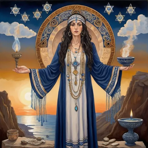 Prompt: elaborate Art Nouveau
painting, embroided dark blue fringed spiritual jewelry fringes white with jewish symbols on brown skinned mizrahi jewish grandma flying, magic fringes bandana, sunset, leather sandals, golden foot link, eyes torah ark covering, fringed striped skirt, smoke and steam coming from pottery ,alchemist, , elaborate, eyes, jewish, women floating in space, crystals growing, detailed, standing on in jerusalem hill, incense embroided, black jewish stripes and fringes and on grandma girl fringes, prayer shawl, in Jerusalem and dead sea, detailed holy valves, hebrew crystals, fountain jewish symbols, black hair olive skin, ancient civilization, jewelry, levitating, menorah, jewish art, fringes, flowers, cultic, rituals, dead sea view, visual illusions, spring pool, sunset, menorah, illusion, jewish stars, smoke, hypnotic, gemstones, sculpture, biblical, clouds, crystals, warrior, praying jews, pomegranate tree, mystery, next to the dead sea, landscape view,, in the style of a Art Nouveau painting, in the style of Art Nouveau painting
