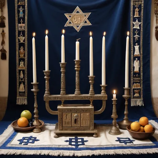 Prompt: elaborate embroided dark blue modest fringed dusty white dress with jewish symbols, torah ark covering, olive skin, elaborate, detailed, fruits and hebrew caligraohy emborided,  blue jewish stripes and fringes and black leather bands, brown leather ,  in tiberias, detailed holy valves, copper menorah, jewel crystals, copper fountain jewish symbols, 4 small candlestick menorahs, ancient civilization, 5 menorahs on the floor jewish art, fringes,palms trees, flowers, cultic, rituals, a papyrus scroll, mikve, fountain, spring pool, gemstones, biblical immersion pool, sofas, praying jews, bushes, date palm, blue flowers, in the style of a 19th century european realist painting
