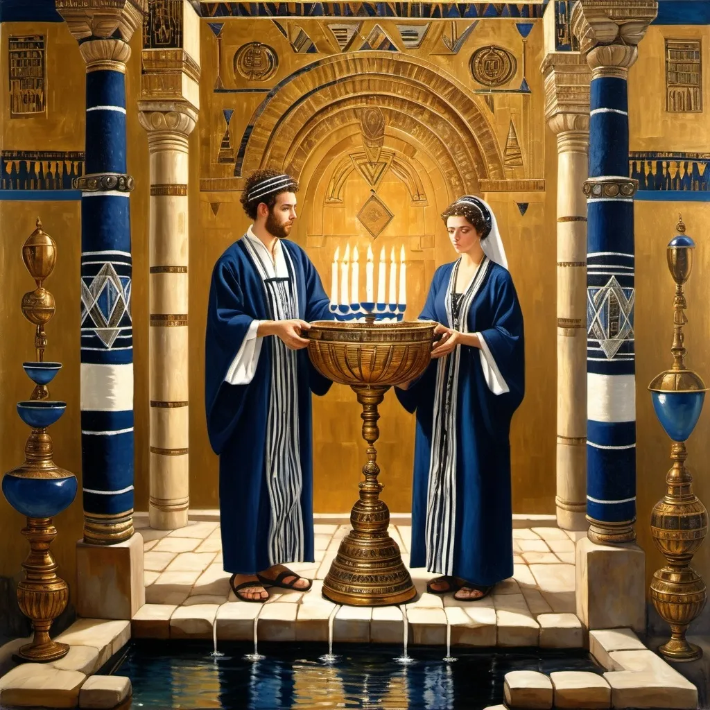 Prompt: elaborate embroided dark blue modest fringed dusty white dress with jewish symbols, torah ark covering, olive skin unhappy jewish couple with headwrap, kippa,  and dark curly hair, jewish sidelocks, clothes with blue jewish stripes and fringes and black leather bands, brown leather sandals, man and woman is in jerusalem detailed holy valves dark wood gold fountain jewish symbols menorah,  ancient civilization, jewish art, fringes, holding 7 armed candle menorah in hands, cultic, rituals, holding a papyrus scroll, mikve, fountain, spring pool, gemstones, biblical immersion pool, baptism in pool, in the style of a 19th century european realist painting 
