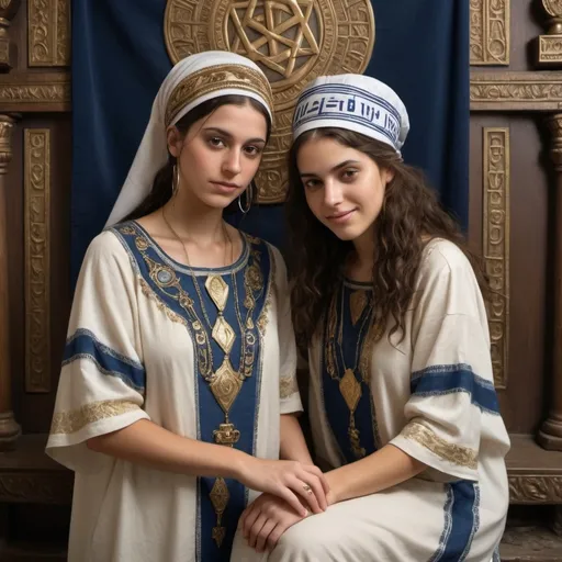 Prompt: elaborate embroided dark blue modest fringed dusty white dress with jewish symbols and fringes, torah ark covering, olive skin unhappy jewish lesbian women with headwrap, kippa, and dark curly hair, top of castle, clothes with blue jewish stripes and fringes and black leather bands, brown leather sandals, lesbian women are in detailed holy valves dark wood gold fountain jewish symbols menorah, ancient civilization, jewish art, fringes, cultic, rituals, holding one another, mikve, sofas, lounge area in synagouge, fountain, spring pool, gemstones, biblical immersion pool, baptism in pool, in the style of a 19th century european realist painting
