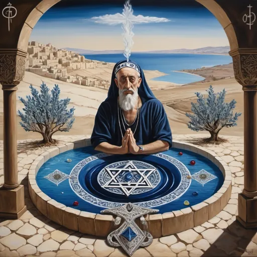 Prompt: elaborate painting embroided dark blue modest fringed spiritual jewelry fringes white with jewish symbols on jewish man meditating fringes bandana, eyestorah ark covering, smoke and steam coming from pottery ,meditation, , elaborate, eyes, jewish, crystals growing, detailed, incense embroided, black jewish stripes and fringes and on women fringes, big columns, brown leather , in Jerusalem and dead sea, detailed holy valves,, hebrew crystals, fountain jewish symbols, ancient civilization, jewelry, shield and sword, jewish art, fringes, flowers, cultic, rituals, dead sea view, mikve, fountain, visual illusions, spring pool, sunny day, menorah, illusion, hypnotic, gemstones, sculpture, biblical immersion pool, crystals, female warrior, praying jews, pomegranate tree, ,next to the dead sea, landscape view,, in the style of a surrealist Salvador Dali painting, in the style of a magritte painting
