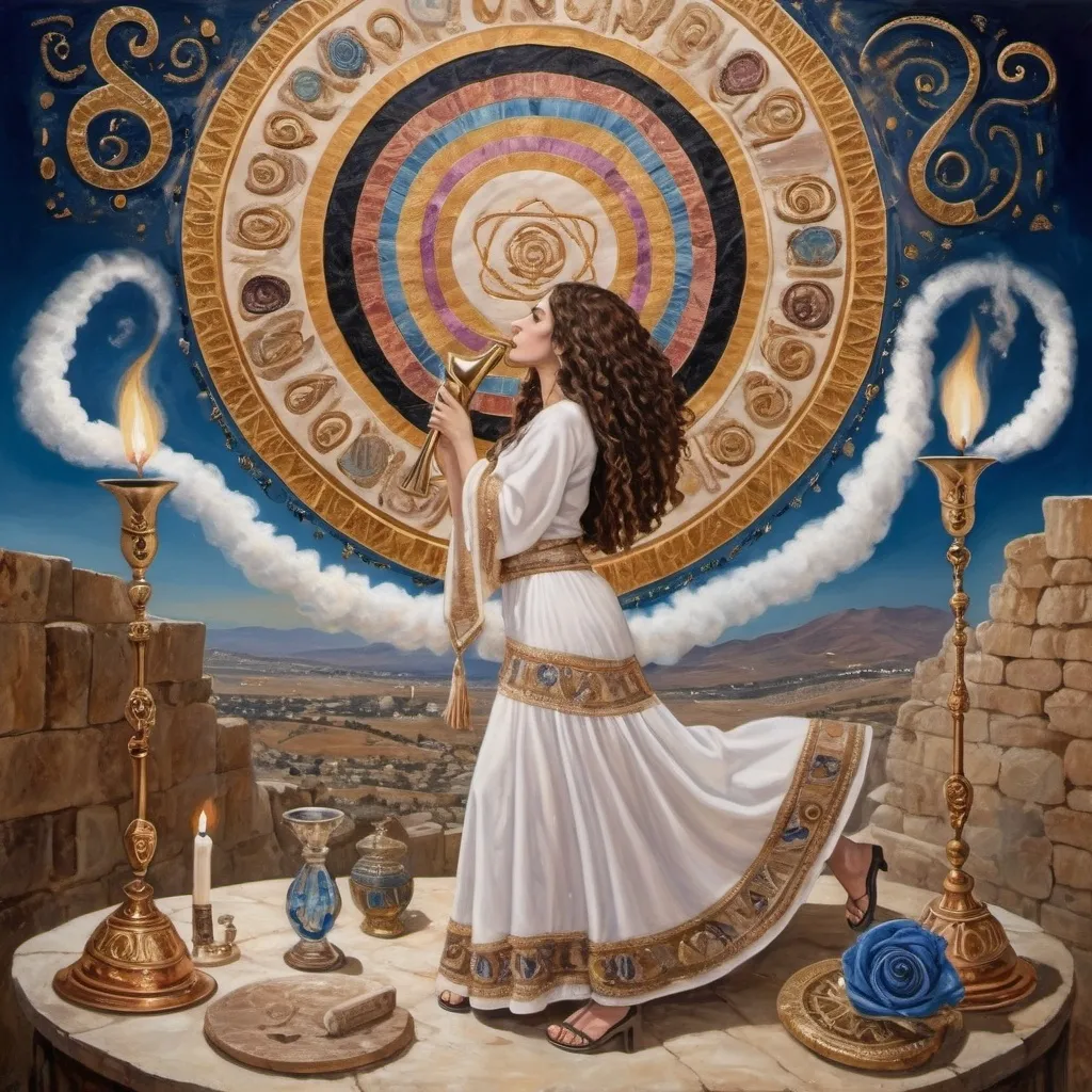 Prompt: elaborate surealism rose gold klimt painting, embroided dark blue fringed spiritual jewelry fringes white with jewish symbols on two brown skinned mizrahi jewish women flying laying holding hands trumpet, magic fringes jewish symbols scrolls, knives and spears floating in the lightning sunset sky, rainy day, leather sandals, swords and bow and arrow with eyes, shofar horn, biblical rock cut tombs, eyes torah ark covering, fringed striped skirt, smoke and steam coming from sculpture, alchemist, floating ibex horns shofar, painting, sky is burgundy elaborate, davids slung, lapiz lazuli animal horn, pillars, amethyst, eyes, jewish, two women floating in space blowing a horn, crystals growing, detailed, standing on in jerusalem hill, incense embroided, black jewish clothing stripes and fringes and on 2 women, blue and white linen with fringes, prayer shawl, in Jerusalem and dead sea, jupiter, detailed holy valves, forgivness, hebrew crystals, torah scroll, fountain jewish symbols, curly hair olive skin, ancient civilization, jewelry, shofar ram horn, levitating, menorah, 2 women supporting each-other feminism, glitter on table, shining art, jewish art, fringes, flowers, shofar, cultic, rituals, dead sea view, visual illusions, bugle horn, spring pool, meteor, menorah, torah scroll, illusion, jewish stars, smoke, hypnotic, gemstones, saying goodbye, women dancing, rosh hashana, sculpture, biblical, clouds, crystals, warrior blowing horn,, praying jews, ancient mound, mystery, next to the dead sea, landscape view, in the style of a surrealist painting, in the style of klimt painting
