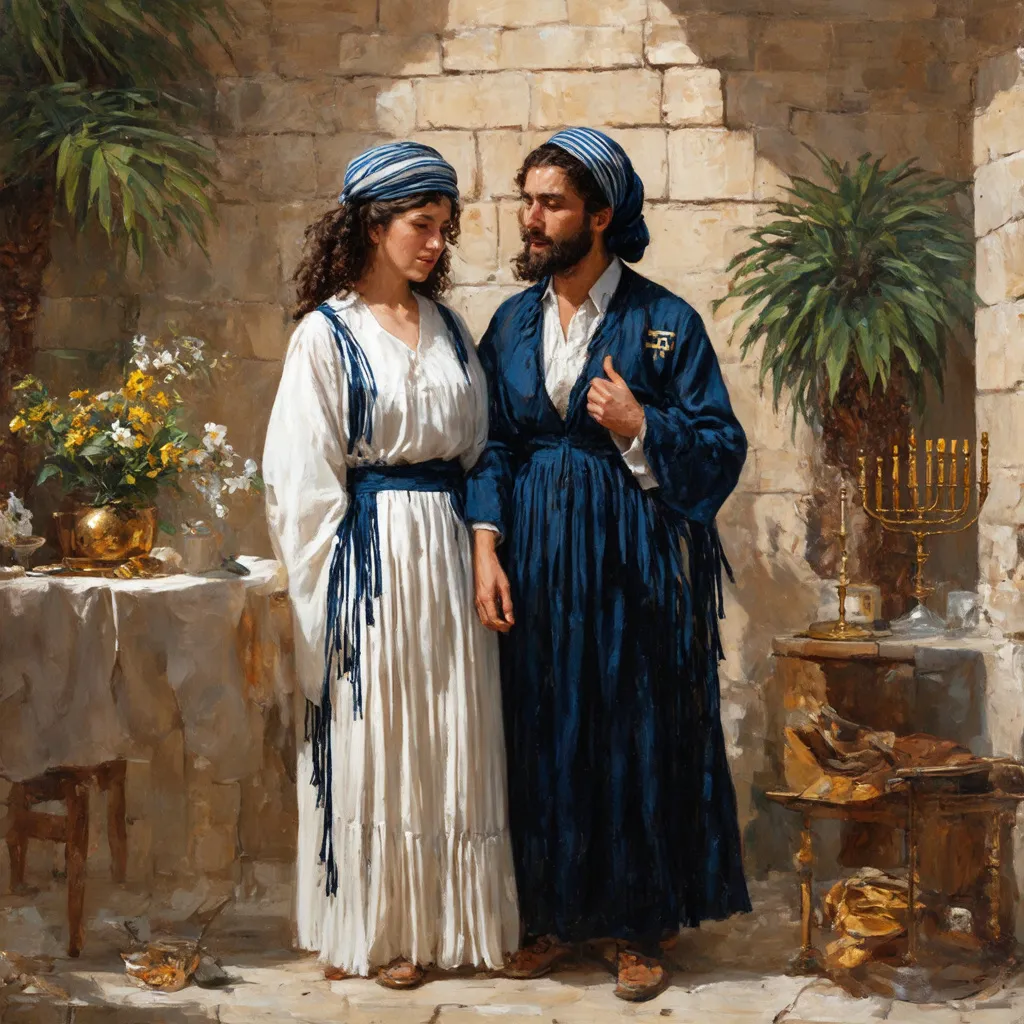 Prompt: elaborate embroided dark blue modest fringed dusty white dress with jewish symbols, torah ark covering, olive skin unhappy jewish couple with headwrap, kippa, and dark curly hair, jewish sidelocks, clothes with blue jewish stripes and fringes and black leather bands, brown leather sandals, man and woman is in jerusalem detailed holy valves, copper menorah, jewel crystals, copper fountain jewish symbols, 4 smalll candlestick menorahs standing in a row next to two jews, ancient civilization, 5 menorahs on the floor jewish art, fringes,palms trees, flowers, cultic, rituals, holding a papyrus scroll, mikve, two jews, fountain, spring pool, gemstones, biblical immersion pool, sofas, praying jews, bushes, date palm, blue flowers, in the style of a 19th century european realist painting
