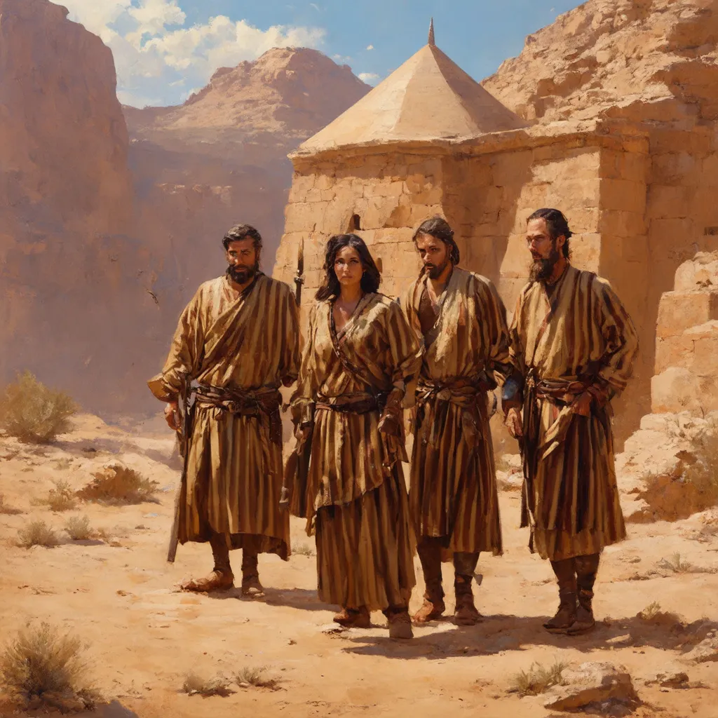 Prompt: tomb of absalon, maktesh negev desert , 3 jewish olive skinned men and women warriors in traditonal jewish striped biblical warrior clothing, and large jewish tomb in the middle of canyon, tomb with tall conical roof, tomb of absalon in canyon, illustration, tomb of absalon
 detailed 19th century European realist painting