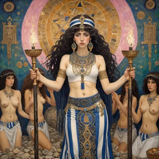 Prompt: elaborate abstract gustav klimt jugend painting, embroided dark blue fringed spiritual modest jewelry fringes white with jewish symbols on brown skinned mizrahi jewish woman knight fighting war in striped blue and white fringed modest jewish armor, magic swords in their hands, warrior women in bandana, leather sandals, menorah star of david swords, golden jewish swords, eyes torah ark covering, fringed striped skirt, smoke and steam coming from pottery ,3 women fighting war, pulling sword from the earth, , black hair, elaborate israeli , eyes, jewish, crystals growing, detailed, standing on in jerusalem hill, pink and green jewish sky, ancient soldiers, incense embroided, black jewish stripes clothing and fringes and on women fringes, big columns, in Jerusalem and dead sea, detailed holy valves,, hebrew 3 women fighting war and 1 on the ground kissing the earth fountain jewish symbols, ancient civilization, jewelry, menorah, jewish art, fringes, flowers, cultic, rituals, dead sea view, mikve, fountain, visual illusions, knives laying down, spring pool, sunset, menorah, illusion, knives on the ground, jewish stars, smoke, hypnotic, beauty, gemstones, sculpture, biblical immersion pool, 3 women fighting war elaborate and 1 on the ground kissing the earth, female warrior, praying jews, war battle, swords in ground, mystery, next to the dead sea, landscape view,, in the style of a gustav klimt surealism painting, in the style of gustav klimt vienna surealist painting
