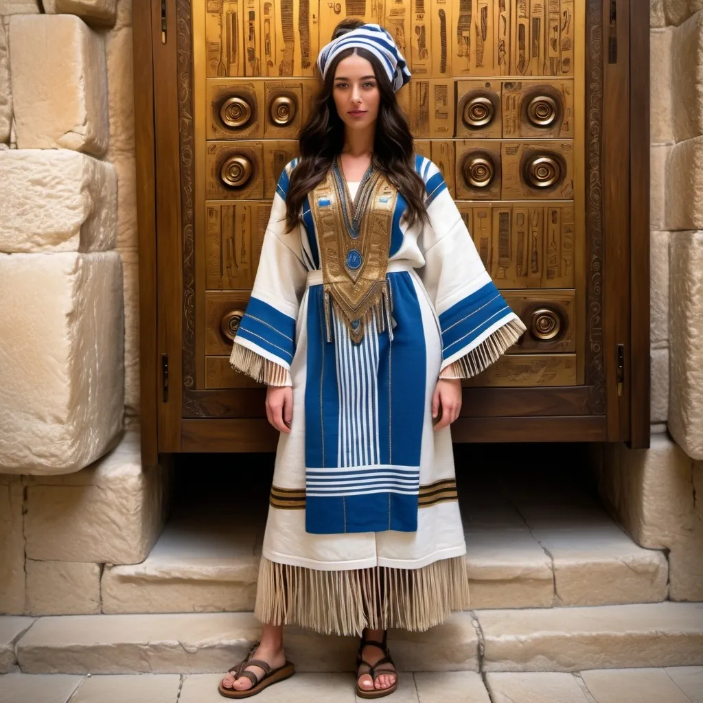 Prompt: elaborate embroided dark modest fringed two set clothing with jewish symbols, torah ark covering, olive skin women with headwrap and dark hair, clothes with blue jewish stripes and fringes, leather sandals, women is in jerusalem western wall holy valves dark wood gold,  ancient civilization, art, fringes
