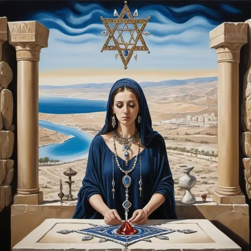 Prompt: elaborate painting embroided dark blue modest fringed spiritual jewelry fringes white with jewish symbols on jewish women meditating fringes, torah ark covering, smoke and steam coming from pottery ,meditation, , elaborate, eye, jewish, crystals growing, detailed, incense embroided, black jewish stripes and fringes and on women fringes, big columns, brown leather , in Jerusalem and dead sea, detailed holy valves,, hebrew crystals, fountain jewish symbols, ancient civilization, jewelry, shield and sword, jewish art, fringes, flowers, cultic, rituals, dead sea view, mikve, fountain, visual illusions, spring pool, sunny day, menorah, illusion, hypnotic, gemstones, sculpture, biblical immersion pool, crystals, female warrior, praying jews, pomegranate tree, ,next to the dead sea, landscape view,, in the style of a surrealist Salvador Dali painting, in the style of a magritte painting
