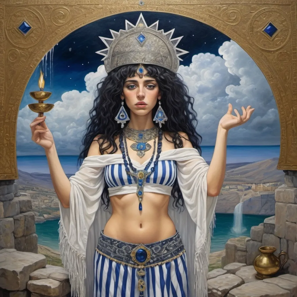 Prompt: elaborate surealism silver klimt painting, embroided dark blue fringed spiritual jewelry fringes white with jewish symbols on two brown skinned mizrahi jewish women flying laying holding hands, magic fringes jewish cotton bandana, knives and spears floating in the lime green sky, rainy day, leather sandals, swords and bow and arrow with eyes, golden foot link, geologic wild growing crystals, eyes torah ark covering, fringed striped skirt, smoke and steam coming from pottery ,alchemist, , floating crown, elaborate, saber sword, lapiz lazuli cliff mine, amethyst, eyes, jewish, two women floating in space, crystals growing, green sky, detailed, standing on in jerusalem hill, incense embroided, black jewish clothing stripes and fringes and on 2 women, blue and white linen with fringes, prayer shawl, in Jerusalem and dead sea, detailed holy valves, hebrew crystals, fountain jewish symbols, black hair olive skin, ancient civilization, jewelry, levitating, menorah, 2 women supporting eachother femenism, glitter, shining art, jewish art, fringes, flowers, cultic, rituals, dead sea view, visual illusions, spring pool, rain, menorah, illusion, jewish stars, smoke, hypnotic, gemstones, sculpture, biblical, clouds, crystals, warrior, praying jews, ancient mound, mystery, next to the dead sea, landscape view,, in the style of a surealist painting, in the style of klimt painting
