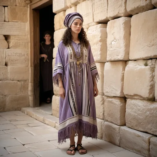 Prompt: elaborate embroided faded purple striped modest dress with jewish symbols, torah ark covering, olive skin women with headwrap shawl and dark curly hair, dress has jewish stripes and fringes, leather sandals, women is in jerusalem western wall, stripes, fringes, in the style of a 19th century european painting