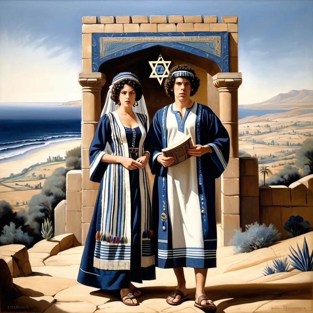 Prompt: elaborate embroided dark blue modest fringed dusty white dress with jewish symbols, torah ark covering, olive skin unhappy jewish couple with headwrap, kippa, and dark curly hair, jewish sidelocks, clothes with blue jewish stripes and fringes and black leather bands, brown leather sandals, man and woman is in Tiberias, detailed art jewish symbols menorah arch gate, ancient civilization, jewish art, fringes, cultic, rituals, holding a papyrus scroll,, gemstones, biblical cermony, pool on a hilltop, in the style of a 19th century european realist painting
