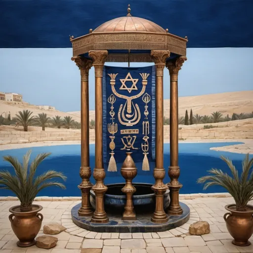 Prompt: elaborate embroided dark blue modest fringed dusty fringes white dress with jewish symbols on jewish women, torah ark covering, olive skin, elaborate, detailed, fruits and hebrew calligraphy embroided,  blue jewish stripes and fringes and black leather bands on women, big columns, brown leather ,  in Jerusalem and dead sea, detailed holy valves, copper menorah, jewel crystals, copper fountain jewish symbols, ancient civilization, 5 menorahs on the floor jewish art, fringes,palms trees, flowers, cultic, rituals, a papyrus scroll, dead sea view, mikve, fountain, spring pool, sunny day, gemstones, biblical immersion pool, female warrior, sofas, praying jews, bushes, date palm, blue flowers, next to the dead sea, landscape view, in the style of a 19th century european realist painting
