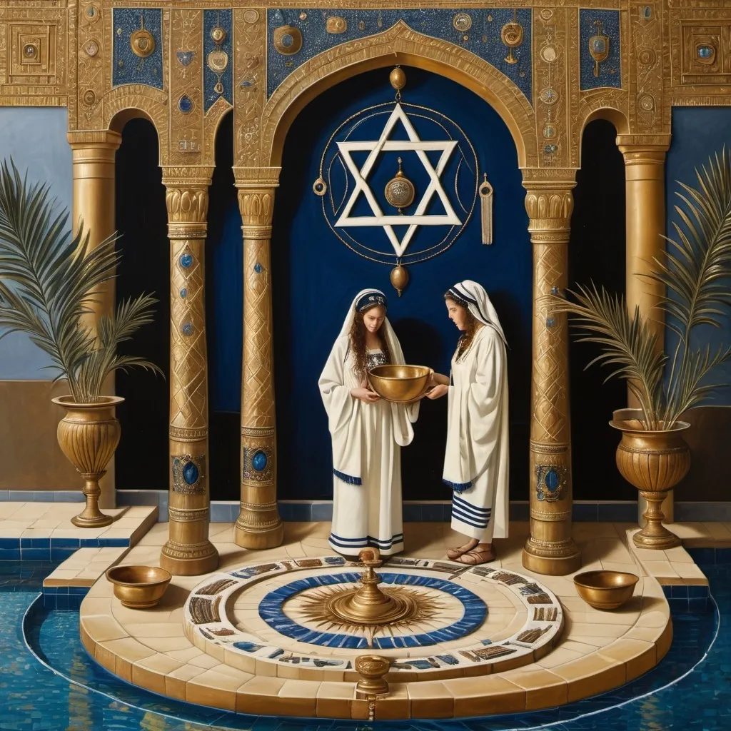 Prompt: elaborate embroided dark blue modest fringed dusty white dress with jewish symbols, torah ark covering, olive skin unhappy jewish couple with headwrap, kippa,  and dark curly hair, jewish sidelocks, clothes with blue jewish stripes and fringes and black leather bands, brown leather sandals, man and woman is in jerusalem detailed holy valves, several menorahs on floor, jewel crystals, gold fountain jewish symbols several small menorahs standing next to two jews,  ancient civilization, 5 menorahs on the floor jewish art, fringes, several 7 armed candle menorah standing beside couple, palms trees, flowers, cultic, rituals, holding a papyrus scroll, mikve, fountain, spring pool, gemstones, biblical immersion pool, baptism in pool, more menorah on the floor, in the style of a 19th century european realist painting 
