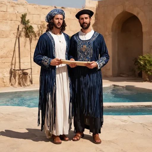 Prompt: elaborate embroided dark blue modest fringed dusty white dress with jewish symbols, torah ark covering, olive skin unhappy jewish couple with headwrap, kippa, and dark curly hair, jewish sidelocks, striped clothes with blue jewish stripes and fringes, brown leather sandals, man and woman is in Tiberias, detailed art jewish symbols menorah arch gate, ancient civilization, jewish art, fringes, cultic, rituals, holding a papyrus scroll,, gemstones, biblical cermony, pool on a hilltop, fringes and striped jewish elaborate clothing, in the style of photorealism
