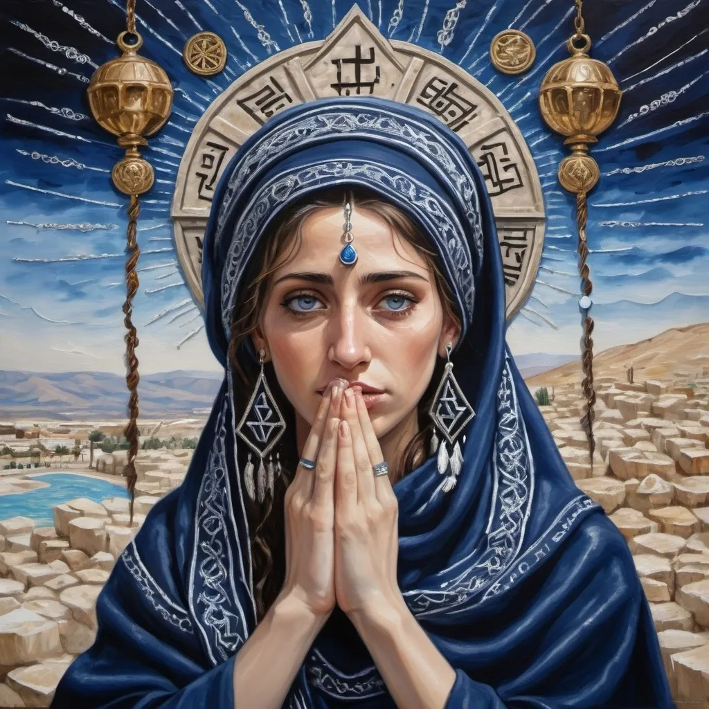 Prompt: elaborate painting embroided dark blue modest fringed spiritual jewelry fringes white with jewish symbols on jewish woman crying fringes bandana, eyes torah ark covering, smoke and steam coming from pottery ,meditation, , elaborate, eyes, jewish, crystals growing, detailed, incense embroided, black jewish stripes and fringes and on women fringes, big columns, brown leather , in Jerusalem and dead sea, detailed holy valves,, hebrew crystals, fountain jewish symbols, ancient civilization, jewelry, shield and sword, jewish art, fringes, flowers, cultic, rituals, dead sea view, mikve, fountain, visual illusions, spring pool, sunny day, menorah, illusion, smoke, hypnotic, gemstones, sculpture, biblical immersion pool, crystals, female warrior, praying jews, pomegranate tree, mystery, next to the dead sea, landscape view,, in the style of a impressionist monet painting, in the style of a van gogh
