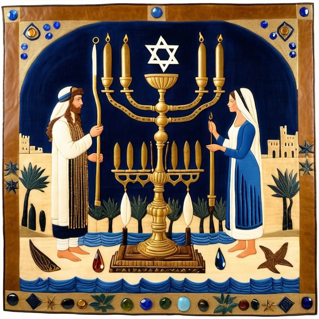 Prompt: elaborate embroided dark blue modest fringed dusty white dress with jewish symbols, torah ark covering, olive skin unhappy jewish couple with headwrap, kippa,  and dark curly hair, jewish sidelocks, clothes with blue jewish stripes and fringes and black leather bands, brown leather sandals, man and woman is in jerusalem detailed holy valves, 5 menorahs on floor, jewel crystals, gold fountain jewish symbols several menorah,  ancient civilization, 5 menorah on the floor jewish art, fringes, holding 7 armed candle menorah in hands, cultic, rituals, holding a papyrus scroll, mikve, fountain, spring pool, gemstones, biblical immersion pool, baptism in pool, more menorah on the floor, in the style of a 19th century european realist painting 
