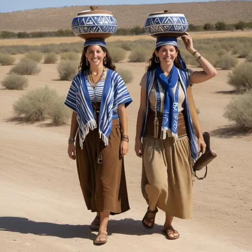 Prompt: 2 olive skin jewish women transporting water jug on their head, biblical pottery water jug with jewish art carried on their head in casual elaborate embroided modest shirt with dark blue jewish symbols white fringes, fringes, harp, torah ark covering, the 2 olive skin women have blue bandanas, brown or blue skirt has jewish stripes prayer shawl and fringes, ceramic water jug balanced on head, gold, menorah, jewelry, nose piercings, walking in dry field, leather sandals, fringes tzitzit, brown, jewish, gold, elaborate,, holding harp, brown blue stripes, cloth bandana, walking with water jug carried on head