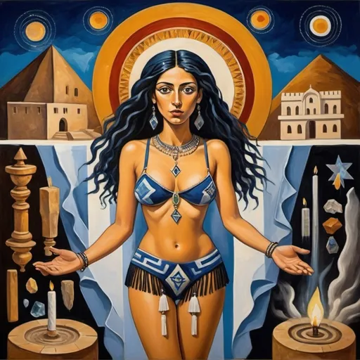 Prompt: elaborate Pablo Picasso cubist painting, embroided dark blue fringed spiritual jewelry fringes white with jewish symbols on brown skinned mizrahi jewish woman flying, magic fringes bandana, sunset, leather sandals, golden foot link, eyes torah ark covering, fringed striped skirt, smoke and steam coming from pottery ,alchemist, , elaborate, eyes, jewish, women floating in space, crystals growing, detailed, standing on in jerusalem hill, incense embroided, black jewish stripes and fringes and on women fringes, in Jerusalem and dead sea, detailed holy valves, hebrew crystals, fountain jewish symbols, black hair olive skin, ancient civilization, jewelry, levitating, menorah, jewish art, fringes, flowers, cultic, rituals, dead sea view, mikve, fountain, visual illusions, spring pool, sunset, menorah, illusion, jewish stars, smoke, hypnotic, gemstones, sculpture, biblical immersion pool, clouds, crystals, female warrior, praying jews, pomegranate tree, mystery, next to the dead sea, landscape view,, in the style of a Picasso cubist painting, in the style of Picasso cubist painting
