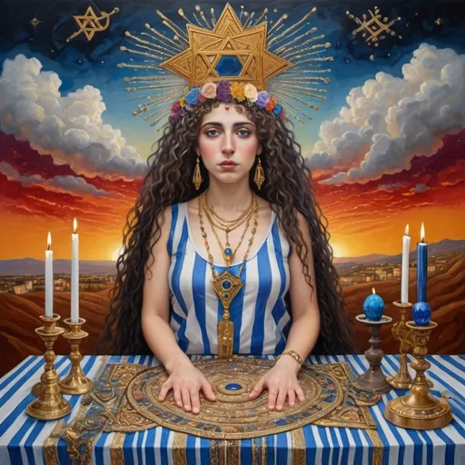 Prompt: elaborate surealism golden klimt painting, embroided dark blue fringed spiritual jewelry fringes white with jewish symbols on two brown skinned mizrahi jewish women flying laying holding hands, magic fringes jewish crown, knives and spears floating in the red sunset sky, rainy day, leather sandals, swords and bow and arrow with eyes, golden foot link, geologic wild growing crystals, eyes torah ark covering, fringed striped skirt, smoke and steam coming from sculpture,alchemist, floating crown, painting, sky is stormy rainy, elaborate, davids slung, lapiz lazuli pillars, amethyst, eyes, jewish, two women floating in space, crystals growing, detailed, standing on in jerusalem hill, incense embroided, black jewish clothing stripes and fringes and on 2 women, blue and white linen with fringes, prayer shawl, in Jerusalem and dead sea, jupiter, detailed holy valves, hebrew crystals, torah scroll, fountain jewish symbols, curly hair olive skin, ancient civilization, jewelry, shabbat dinner table, levitating, menorah, 2 women supporting each-other feminism, glitter on table, shining art, jewish art, fringes, flowers, cultic, rituals, dead sea view, visual illusions, spring pool, meteor, menorah, torah scroll, illusion, jewish stars, smoke, hypnotic, gemstones, sculpture, biblical, clouds, crystals, warrior, praying jews, ancient mound, mystery, next to the dead sea, landscape view,, in the style of a surrealist painting, in the style of klimt painting
