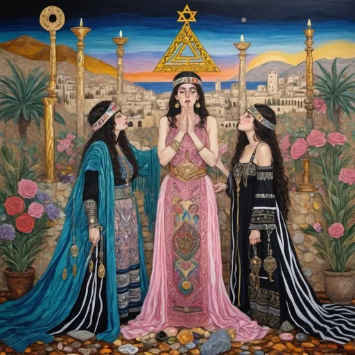 Prompt: elaborate lush gustav klimt jugend painting, embroided dark blue fringed spiritual modest jewelry fringes white with jewish symbols on brown skinned mizrahi modest jewish woman knight fighting war in striped blue and black fringed modest jewish armor shirt, magic swords in their hands, warrior women in bandana, leather sandals, menorah star of david swords, golden jewish swords, menorah, eyes torah ark covering, fringed striped modest skirt, smoke and steam coming from pottery ,3 women fighting war, jewish shield, jewish weapon, pulling sword from the earth, , black hair, elaborate israeli , floating ocean golden evil eyes, jewish, crystals growing, tropical plants and flowers, detailed, menorah, standing on in israeli hill, pink and green jewish sky, ancient soldiers, swimming, incense embroided, black jewish stripes clothing and fringes and on women fringes, big columns, in Jerusalem and dead sea, detailed holy valves,, hebrew 3 women fighting war and 1 on the ground kissing the earth fountain jewish symbols, ancient civilization, jewelry, menorah, jewish art, fringes, flowers, cultic, rituals, dead sea view, mikve, fountain, visual illusions, many menorahs, knives laying down, spring pool, colorfull sunrise, menorah, illusion, knives on the ground, jewish stars, smoke, hypnotic, beauty, in the dead sea gemstones, sculpture, biblical immersion pool, 3 women fighting war elaborate and 1 on the ground kissing the earth, female warrior, praying jews, many menorahs, war battle, swords in ground, mystery, next to the dead sea, landscape view,, in the style of a gustav klimt surealism painting, in the style of gustav klimt colorfull surealist painting
