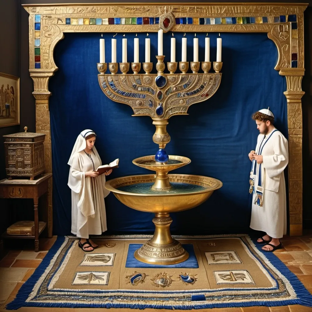 Prompt: elaborate embroided dark blue modest fringed dusty white dress with jewish symbols, torah ark covering, olive skin unhappy jewish couple with headwrap, kippa,  and dark curly hair, jewish sidelocks, clothes with blue jewish stripes and fringes and black leather bands, brown leather sandals, man and woman is in jerusalem detailed holy valves, 5 menorahs on floor, jewel crystals, gold fountain jewish symbols several menorah,  ancient civilization, 5 menorah on the floor jewish art, fringes, holding 7 armed candle menorah in hands, cultic, rituals, holding a papyrus scroll, mikve, fountain, spring pool, gemstones, biblical immersion pool, baptism in pool, more menorah on the floor, in the style of a 19th century european realist painting 
