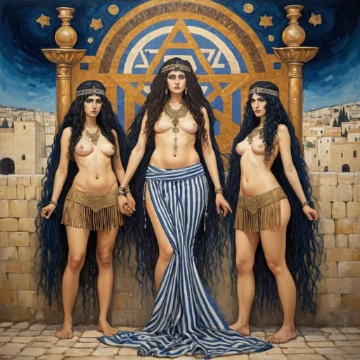 Prompt: elaborate abstract gustav klimt jugend painting, embroided dark blue fringed spiritual jewelry fringes white with jewish symbols on brown skinned mizrahi jewish woman fighting war in striped blue and white fringed modest jewishdresses, magic swords in their hands, warrior women in bandana, leather sandals, menorah star of david swords, golden jewish swords, eyes torah ark covering, fringed striped skirt, smoke and steam coming from pottery ,3 women fighting war and 1 on the ground kissing the earth, , elaborate israeli , eyes, jewish, crystals growing, detailed, standing on in jerusalem hill, turqoise and red sky, ancient soldiers, incense embroided, black jewish stripes clothing and fringes and on women fringes, big columns, in Jerusalem and dead sea, detailed holy valves,, hebrew 3 women fighting war and 1 on the ground kissing the earth fountain jewish symbols, ancient civilization, jewelry, menorah, jewish art, fringes, flowers, cultic, rituals, dead sea view, mikve, fountain, visual illusions, knives laying down, spring pool, sunset, menorah, illusion, knives on the ground, jewish stars, smoke, hypnotic, beauty, gemstones, sculpture, biblical immersion pool, 3 women fighting war elaborate and 1 on the ground kissing the earth, female warrior, praying jews, war battle, swords in ground, mystery, next to the dead sea, landscape view,, in the style of a gustav klimt surealism painting, in the style of gustav klimt vienna surealist painting 
