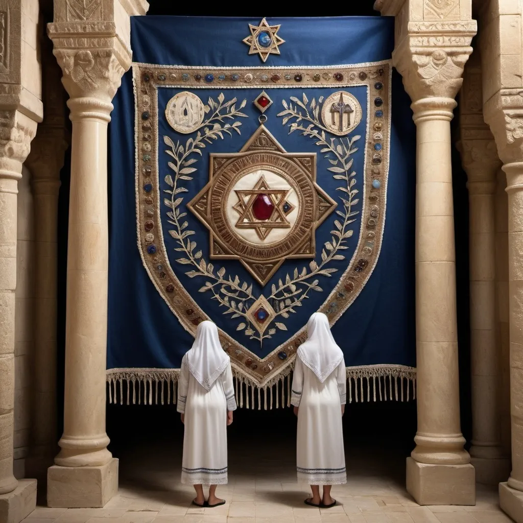 Prompt: hypnotic framed image elaborate embroided dark blue modest fringed dusty spiritual shield fringes white dress with jewish symbols on jewish women, torah ark covering ,meditation, olive skin, elaborate, crystals growing, detailed, incense  embroided,  black jewish stripes and fringes and on women bandana fringes, big columns, brown leather ,  in Jerusalem and dead sea, detailed holy valves,, hebrew jewel crystals, fountain jewish symbols, ancient civilization,  shield jewish art, fringes, flowers, cultic, rituals, a papyrus scroll, dead sea view, mikve, fountain, visual illusions, spring pool, sunny day, illusion, hypnotic, gemstones, sculpture, biblical immersion pool, crystals, female warrior, low sofas, praying jews, pomegranate tree, ,next to the dead sea, landscape view,, in the style of a 19th century european realist painting
