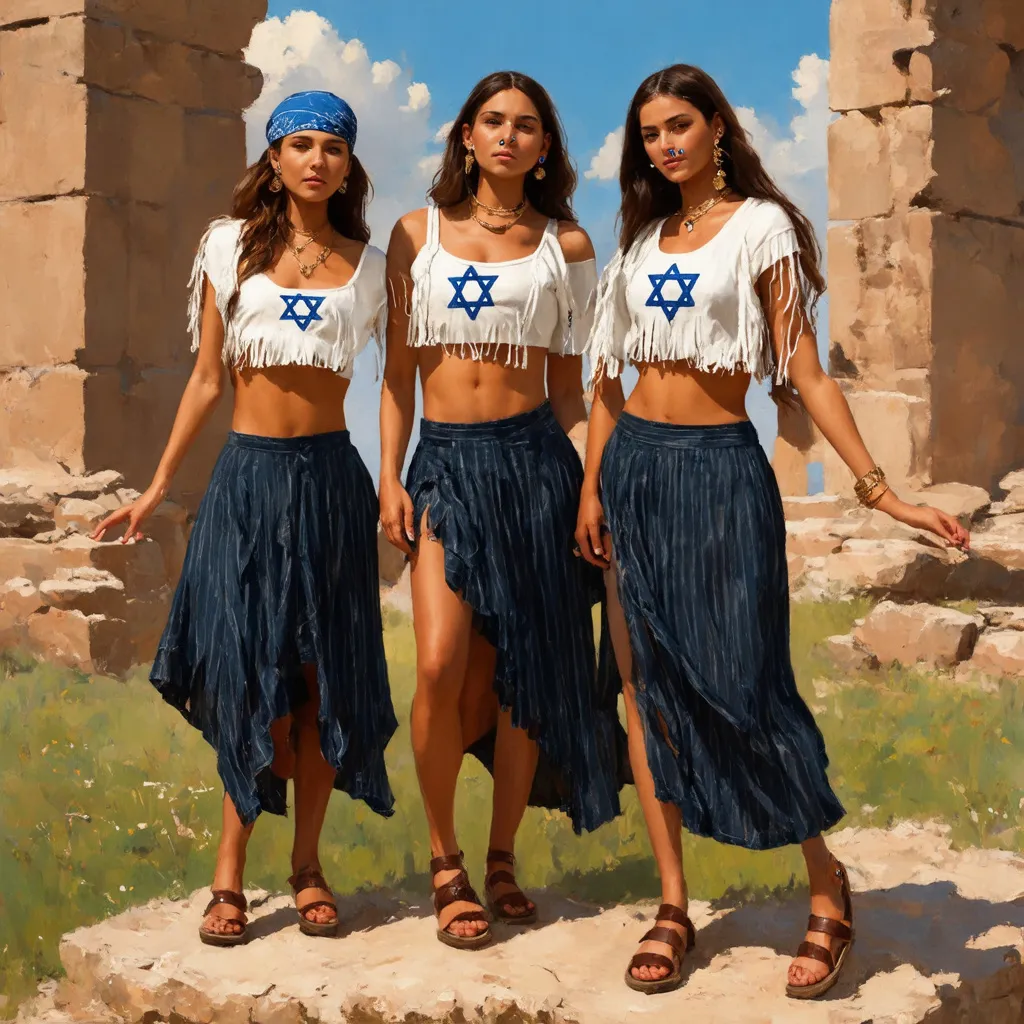 Prompt: 3 olive skin jewish women in trendy casual elaborate embroided crop top with dark blue jewish symbols white fringes, of the shopulder, fringes, torah ark covering, the 3 olive skin women have blue bandanas, skirt has jewish stripes prayer shawl and fringes, gold jewelry, nose piercing, standing on a biblcial ruin, leather sandals, white fringes tzitzit
 detailed 19th century European realist painting