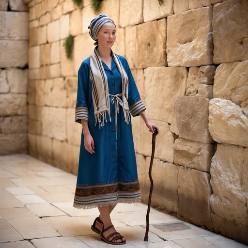 Prompt: elaborate jewish embroided blue brown modest dress with jewish symbols, torah ark covering, olive skin women with headwrap shawl, no hair, dress has jewish pattern and fringes, leather sandals, women is in jerusalem western wall, stripes, fringes, haredi, hassidic, walking stick
