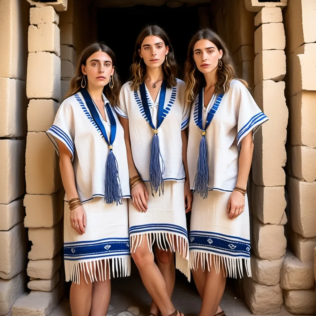 Prompt: 3 olive skin jewish women in trendy casual elaborate embroided brown modest shirt with dark blue jewish symbols white fringes, fringes, torah ark covering, the 3 olive skin women have blue bandanas, skirt has jewish stripes prayer shawl and fringes, gold jewelry, nose piercings, standing on a biblcial ruin, leather sandals, white fringes tzitzit 
