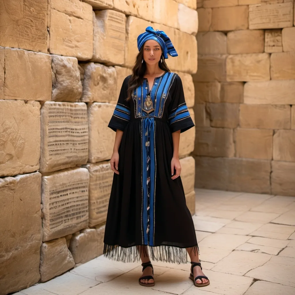 Prompt: elaborate embroided dark black modest dress with jewish symbols, torah ark covering, olive skin women with headwrap and dark hair. dress has blue jewish stripes and fringes, leather sandals, women is in jerusalem western wall holy valves
