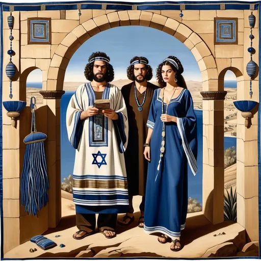 Prompt: elaborate embroided dark blue modest fringed dusty white dress with jewish symbols, torah ark covering, olive skin unhappy jewish couple with headwrap, kippa, and dark curly hair, jewish sidelocks, clothes with blue jewish stripes and fringes and black leather bands, brown leather sandals, man and woman is in Tiberias, detailed art jewish symbols menorah arch gate, ancient civilization, jewish art, fringes, cultic, rituals, holding a papyrus scroll,, gemstones, biblical cermony, pool on a hilltop, in the style of a 19th century european realist painting
