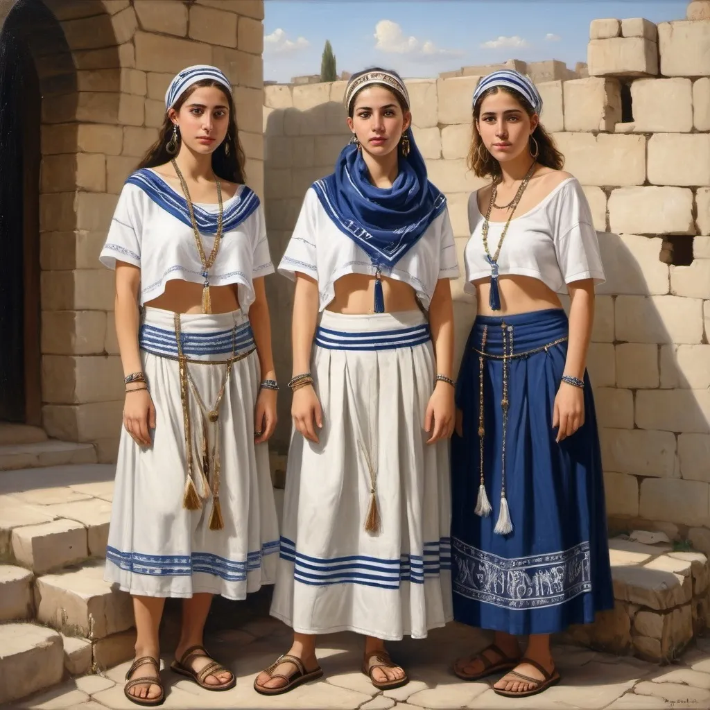 Prompt: 3 olive skin jewish women in trendy casual elaborate embroided crop top with dark blue jewish decorations white fringes, of the shoulder, fringes, torah ark covering, the 3 olive skin women have blue bandanas, skirt has jewish stripes prayer shawl and fringes, gold jewelry, nose piercing, standing on a biblcial ruin, leather sandals, white fringes tzitzit detailed 19th century European realist painting
