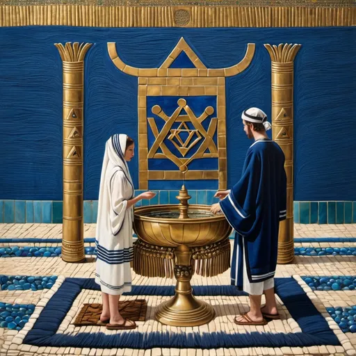 Prompt: elaborate embroided dark blue modest fringed dusty white dress with jewish symbols, torah ark covering, olive skin unhappy jewish couple with headwrap, kippa,  and dark curly hair, jewish sidelocks, clothes with blue jewish stripes and fringes and black leather bands, brown leather sandals, man and woman is in jerusalem detailed holy valves, several menorahs on floor, jewel crystals, gold fountain jewish symbols several small menorahs standing next to two jews,  ancient civilization, 5 menorahs on the floor jewish art, fringes, several 7 armed candle menorah standing beside couple, palms trees, flowers, cultic, rituals, holding a papyrus scroll, mikve, fountain, spring pool, gemstones, biblical immersion pool, baptism in pool, more menorah on the floor, in the style of a 19th century european realist painting 
