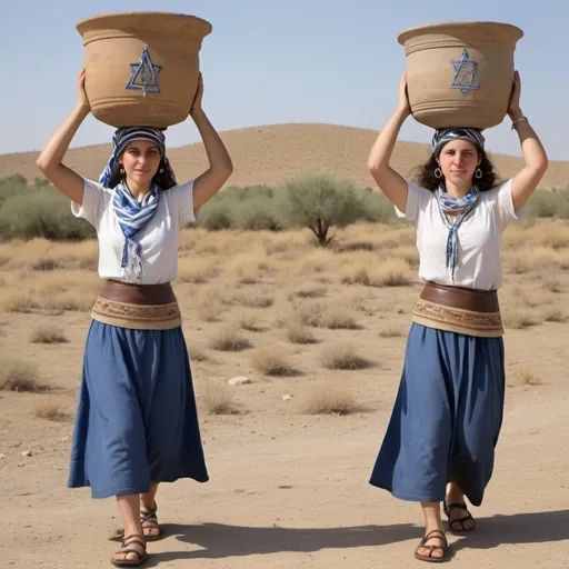 Prompt: 2 dancing olive skin jewish women transporting water jug on their head, biblical pottery water jug with jewish art carried on their head in casual elaborate embroided modest shirt with dark blue jewish symbols white fringes, fringes, harp, torah ark covering, the 2 olive skin women have blue bandanas, brown or blue skirt has jewish stripes prayer shawl and fringes, ceramic water jug balanced on head, gold, menorah, jewelry, nose piercings, walking in dry field, leather sandals, fringes tzitzit, brown, jewish, gold, elaborate,, holding harp, brown blue stripes, cloth bandana, walking with water jug carried on head
