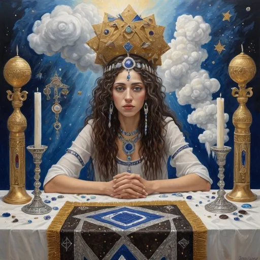 Prompt: elaborate surealism silvery klimt painting, embroided dark blue fringed spiritual jewelry fringes white with jewish symbols on two brown skinned mizrahi jewish women flying laying holding hands, magic fringes jewish hat, knives and spears floating in the red wine sky, rainy day, leather sandals, swords and bow and arrow with eyes, golden foot link, geologic wild growing crystals, eyes torah ark covering, fringed striped skirt, smoke and steam coming from sculpture,alchemist, floating crown, painting, sky is yellow, elaborate, davids slung, lapiz lazuli table, amethyst, eyes, jewish, two women floating in space, crystals growing, detailed, standing on in jerusalem hill, incense embroided, black jewish clothing stripes and fringes and on 2 women, blue and white linen with fringes, prayer shawl, in Jerusalem and dead sea, detailed holy valves, hebrew crystals, torah scroll, fountain jewish symbols, curly hair olive skin, ancient civilization, jewelry, shabbat dinner table, levitating, menorah, 2 women supporting each-other feminism, glitter on table, shining art, jewish art, fringes, flowers, cultic, rituals, dead sea view, visual illusions, spring pool, rain, menorah, torah scroll, illusion, jewish stars, smoke, hypnotic, gemstones, sculpture, biblical, clouds, crystals, warrior, praying jews, ancient mound, mystery, next to the dead sea, landscape view,, in the style of a surrealist painting, in the style of klimt painting
